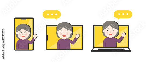Set of elderly women having a video call with someone. Vector illustration isolated on white background.