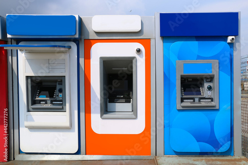 ATM. automatic money and deposit machine. wall mounted automatic teller machine in blue color