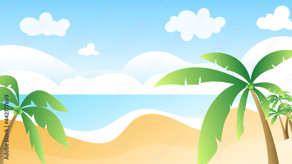 ฺBeach, ocean waves and coconut trees with blue sky in summer vector , illustration Vector EPS 10
