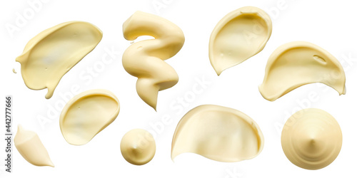 Mayonnaise drop and splash sets. White sause isolated stain top view. Elements for design in food or cosmetic sphere. High resolution photo. photo