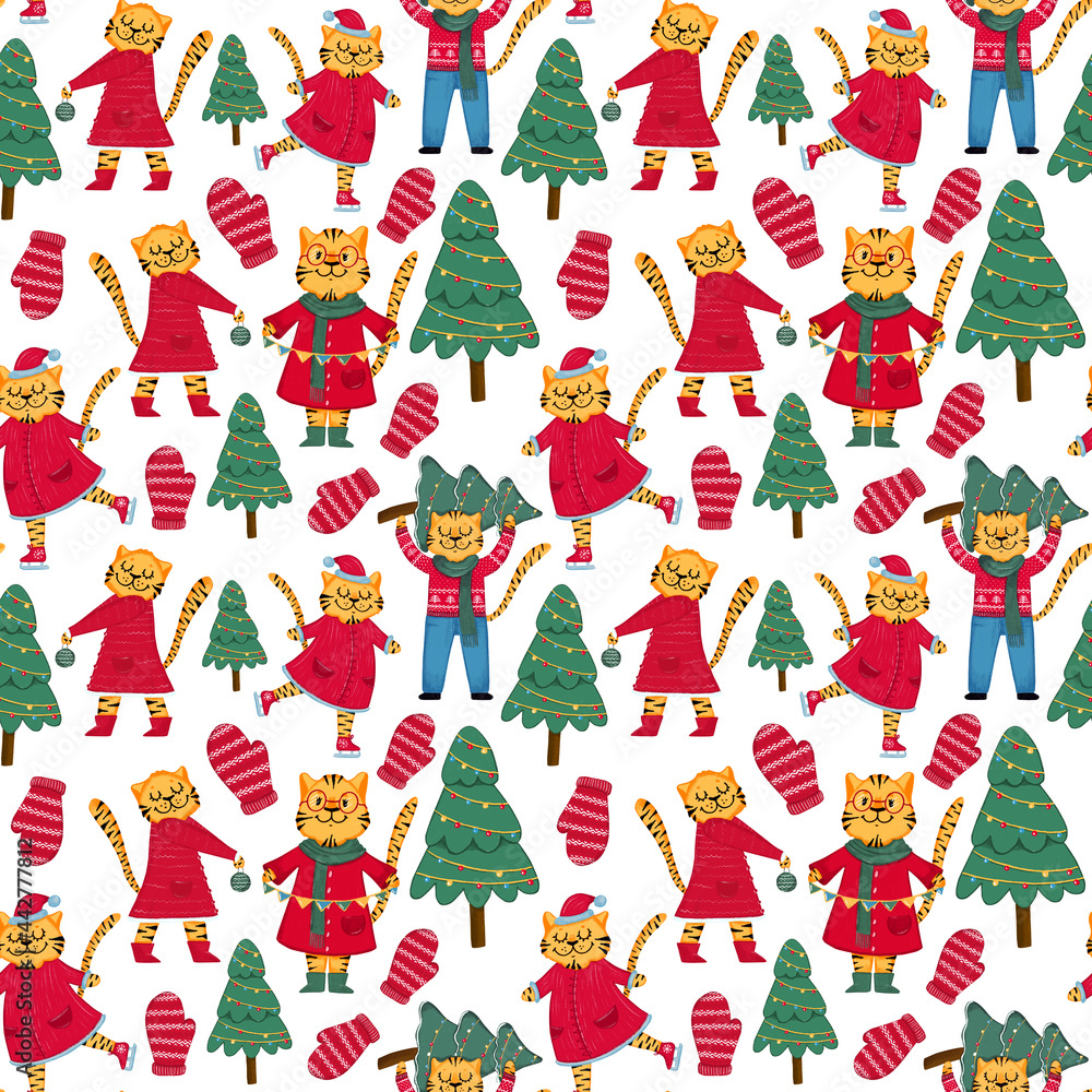 Сhristmas pattern tigers symbol 2021 Beautiful tigers and Christmas trees, Happy New year 2022 Сhristmas pattern tigers symbol 2021 Beautiful tigers and Christmas trees, Happy New year 2022