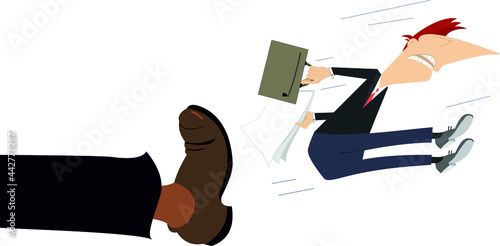 Leg in boot kicks a man to the buttocks illustration.
Man with a bag and papers is been given a kick to the buttocks by big leg isolated on white
