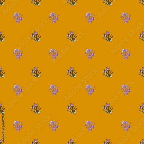 Nature organic seamless pattern with small bell flowers silhouettes print. Orange background.