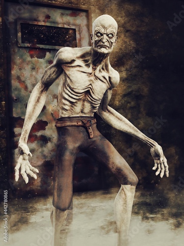 Photography Spooky ghoul in a dark corridor filled with smoke, standing in front of a rusty door