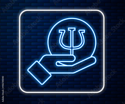 Glowing neon line Psychology icon isolated on brick wall background. Psi symbol. Mental health concept, psychoanalysis analysis and psychotherapy. Vector