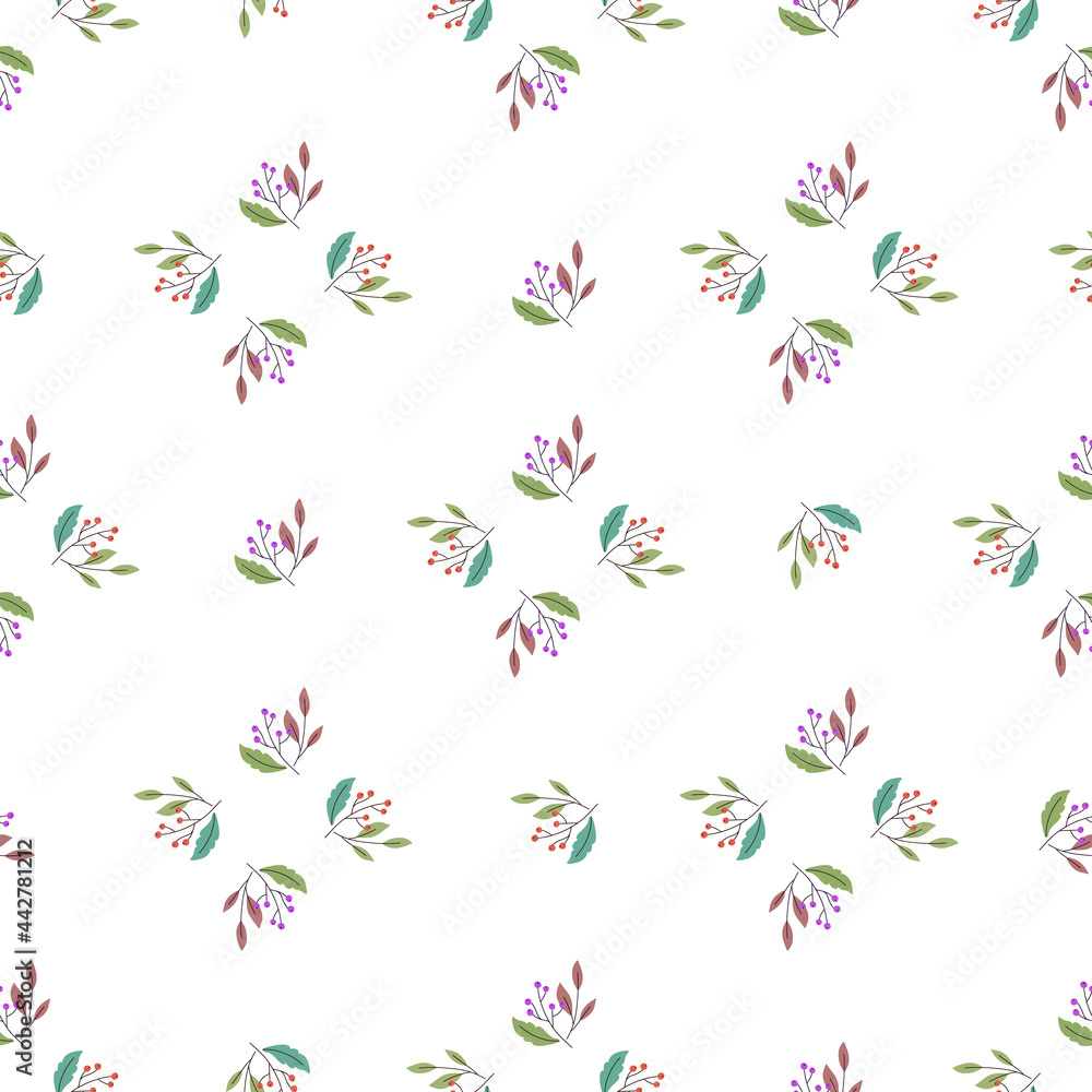 Geometric abstract style seamless pattern with doodle berry branches ornament. Isolated botanic floral backdrop.