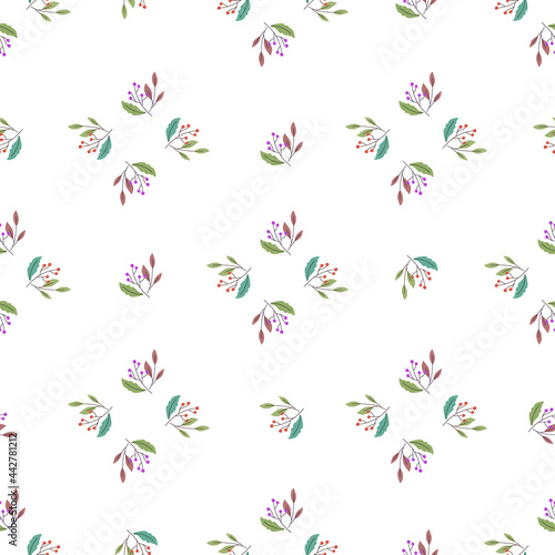 Geometric abstract style seamless pattern with doodle berry branches ornament. Isolated botanic floral backdrop.