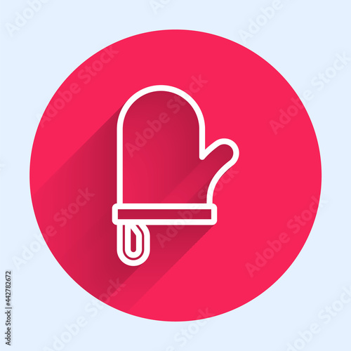 White line Oven glove icon isolated with long shadow. Kitchen potholder sign. Cooking glove. Red circle button. Vector