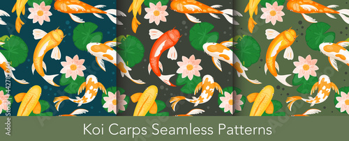 Koi carp fishes seamless pattern vector illustration set. Cartoon traditional asian fortune symbol, koi carp fishes pisces swimming with tropical lotus water flowers and nature leaves background