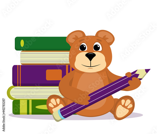 vector illustration on the theme "Back to school".A teddy bear with textbooks and a pencil in his hands, isolated on a white background.