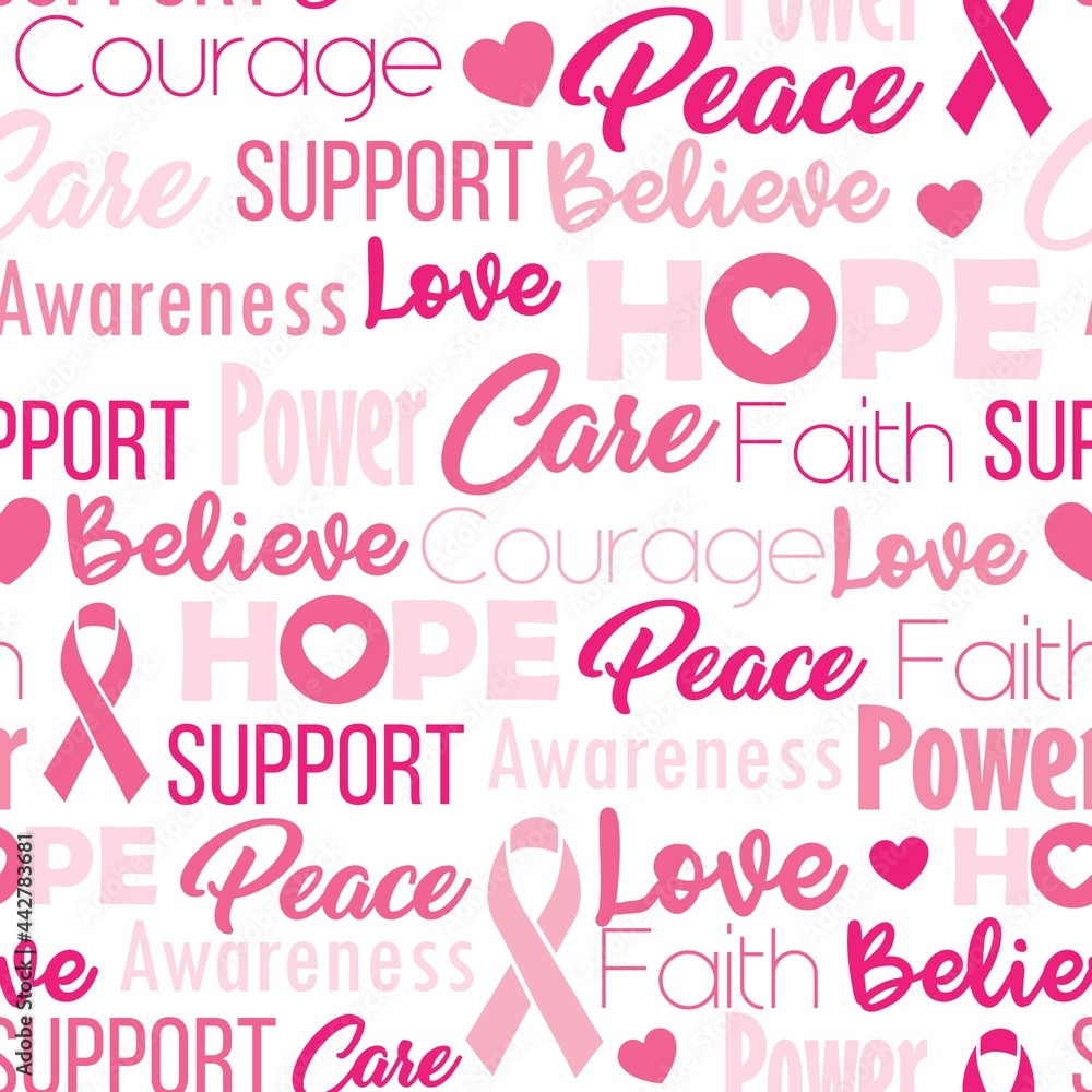 Pink seamless pattern with wordclouds and text about breast cancer. Repeat  background with strong and supportive words for feminine healthcare.  Repetitive texture for prevention and solidarity. Stock Vector