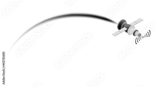 Isometric space satellite with plume of smoke isolated on white. High speed communication system. Vector design element.