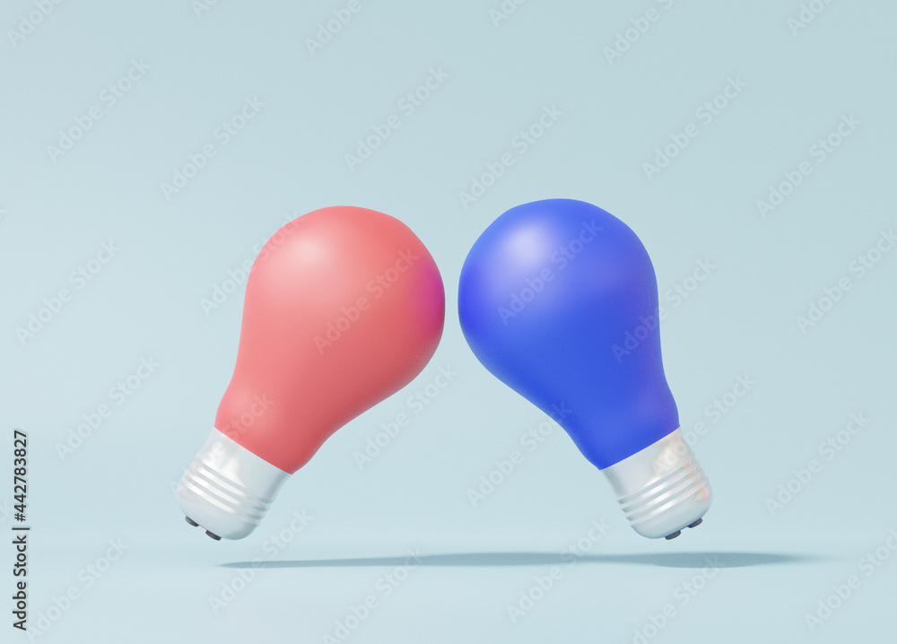 Red vs blue light bulb on soft blue pastel background colors. competition of ideas, competitor concept , invention, isolated. 3d render illustration Red vs blue light bulb on soft blue pastel background colors. competition of ideas, competitor concept , invention, isolated. 3d render illustration