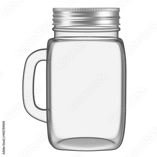 Realistic Glass Square Cup, Jar, Bottle with Silver Lid and white background. Dispenser for water, juice, mix and other beverages. Mock up for brand template.