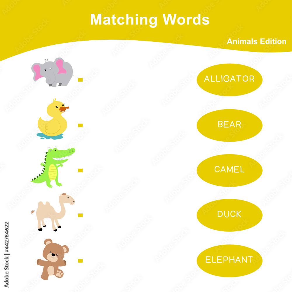 Matching words game animals’ edition. Matching words game for kids. Educational printable game cards. Preschool Education. Vector illustration. Matching words game animals’ edition. Matching words game for kids. Educational printable game cards. Preschool Education. Vector illustration.