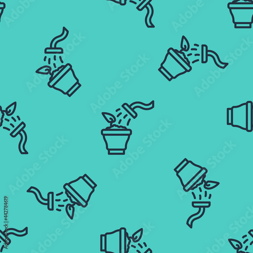 Black line Spraying a house plant with a spray gun icon isolated seamless pattern on green background. Moistening of foliage. Care for home flowers. Vector
