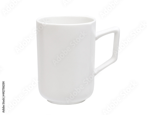 Close up of white mug mockup isolated on white background view. Blank Mug. Blank product. Coffee cup mockup. Mug ceramic blank. Clipping path. 