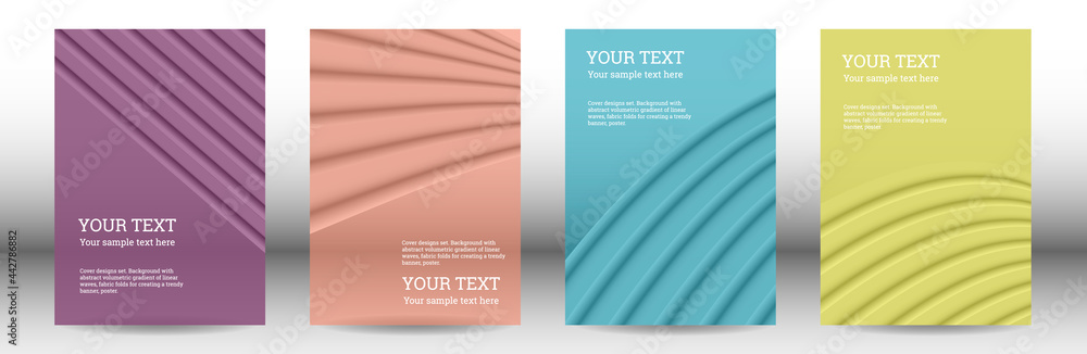 Fototapeta premium Cover designs set. Background with abstract volumetric gradient of linear waves, fabric folds for creating a trendy banner, poster