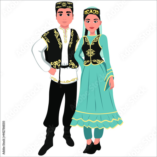 Woman and man in folk national Tatar costumes. Vector illustration