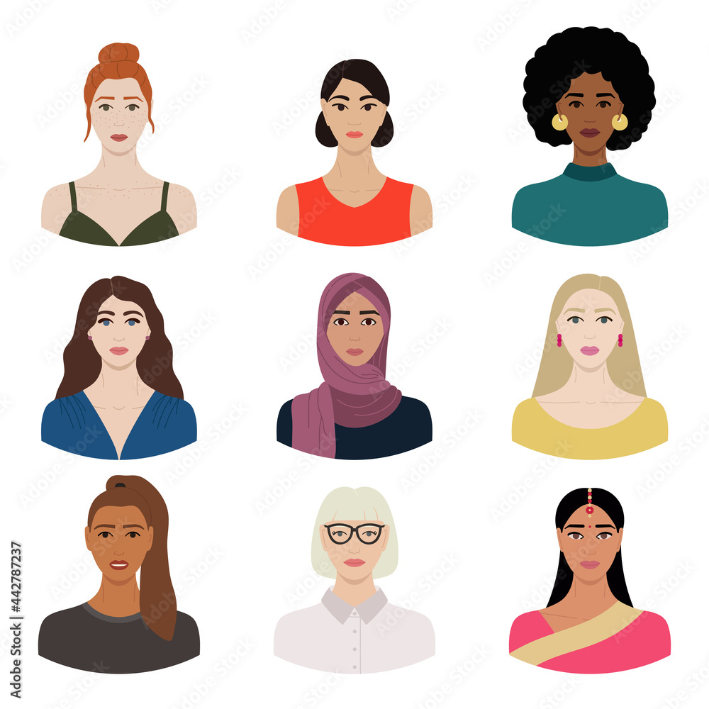 Set of diverse female faces with different ethnics, skin colors, hairstyles. Collection of portraits of women for avatars in social networks and interface. Hand drawn vector illustration. Set of diverse female faces with different ethnics, skin colors, hairstyles. Collection of portraits of women for avatars in social networks and interface. Hand drawn vector illustration.