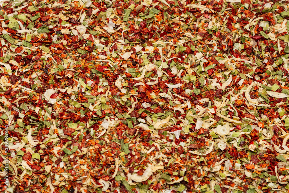 Seasoning for soup, dried vegetables slices background. Seasoning for soup, dried vegetables slices background.