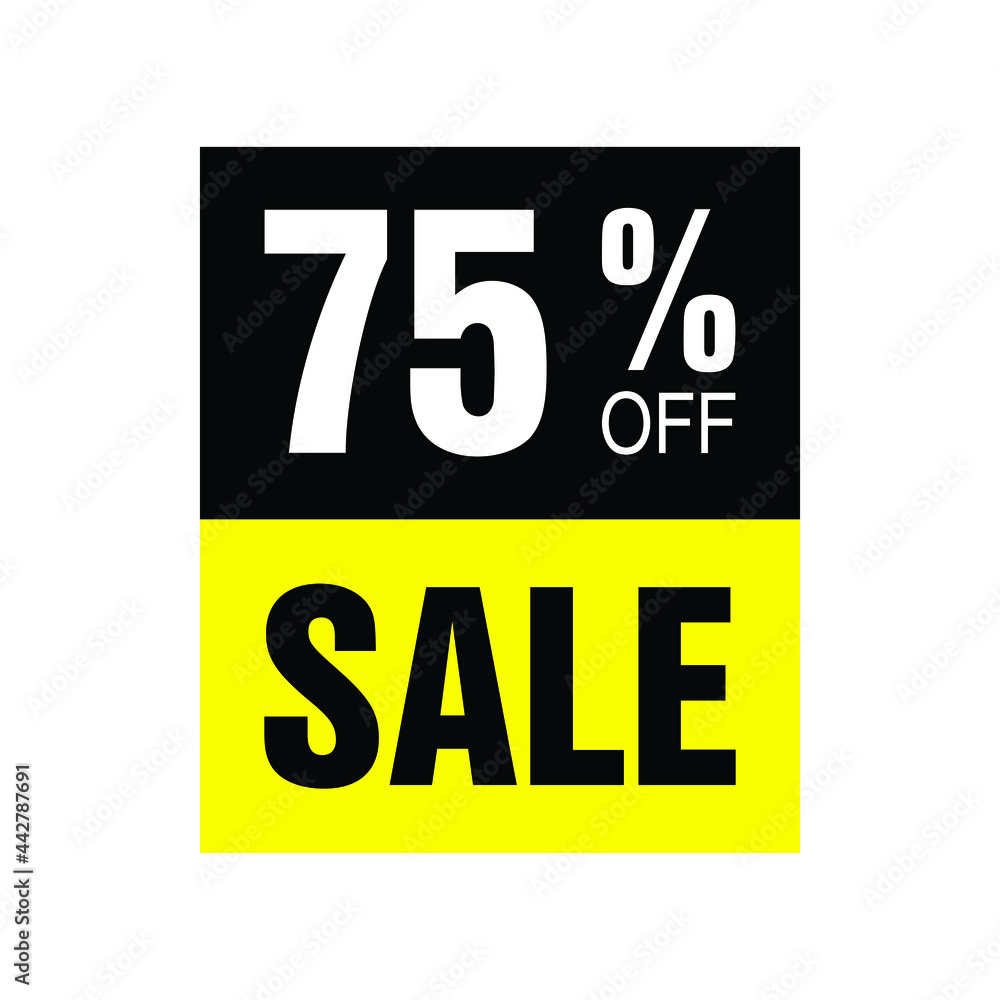 75% off. Yellow and black banner with seventy-five percent discount for mega big sales. 75% off. Yellow and black banner with seventy-five percent discount for mega big sales.