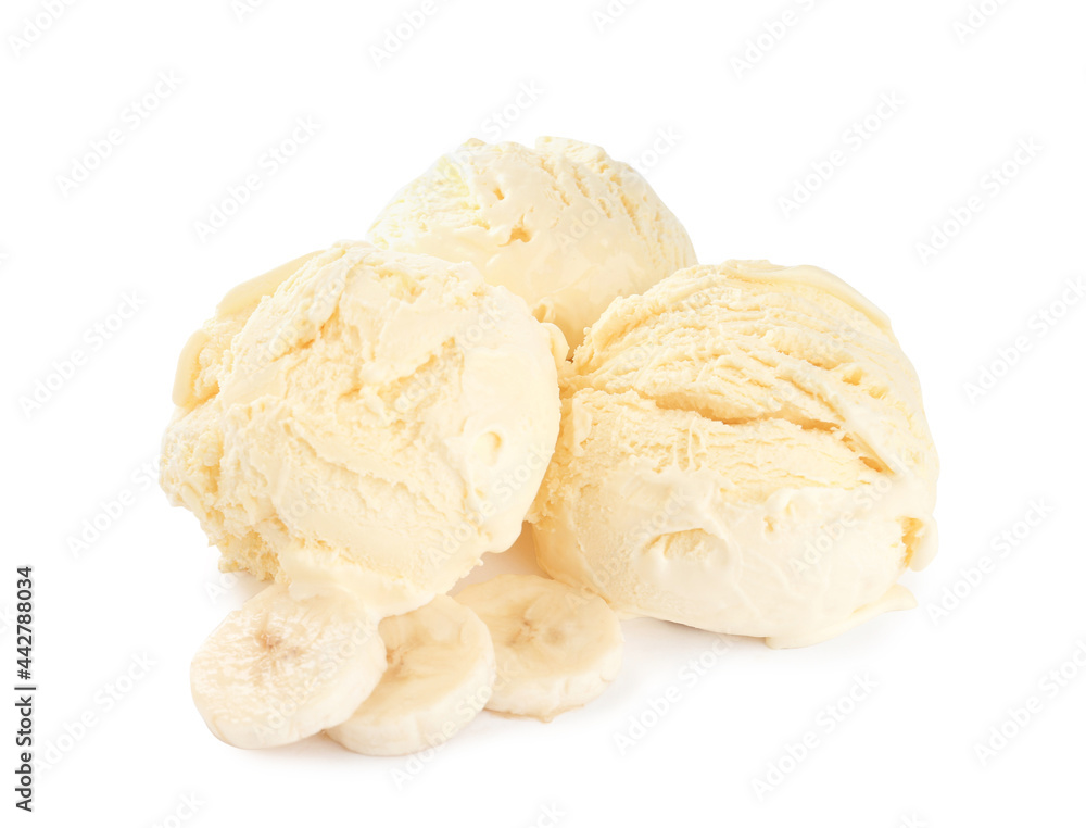 Delicious banana ice cream and fresh fruit on white background Delicious banana ice cream and fresh fruit on white background