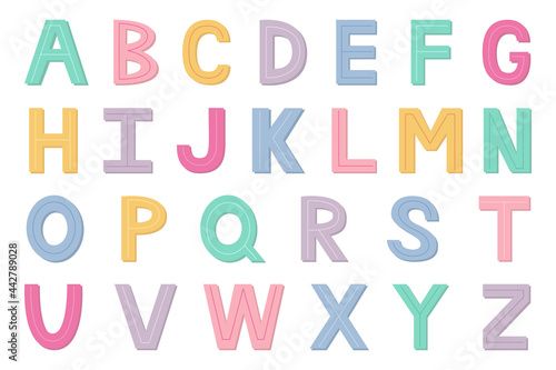 English alphabet for children. Colorful capital letters. Pink, yellow, blue, purple letters. Vector illustration.