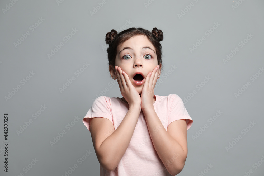Little girl feeling fear on grey background Little girl feeling fear on grey background