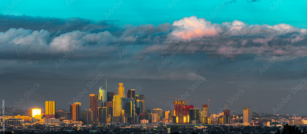 Los Angeles skyline with storm clouds