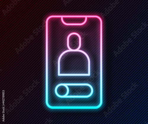 Glowing neon line Incoming call on mobile phone icon isolated on black background. Friends call. Vector