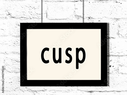 Black frame hanging on white brick wall with inscription cusp