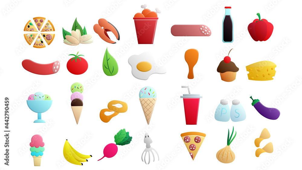 A set of 28 icons of delicious food and snacks items for a restaurant bar cafe on a white background: pizza, nuts, fish, chicken, sausage, soda, pepper, tomato, fruits, vegetables