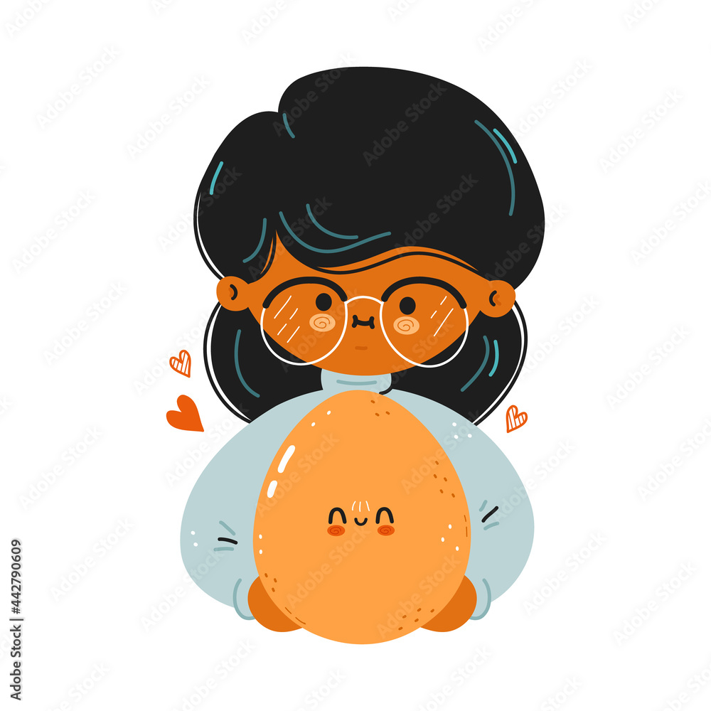 Naklejka premium Young cute funny girl hold egg in hand. Young woman hugs cute egg. Isolated on white background. Vector hand drawn doodle style cartoon character illustration icon design