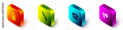 Set Isometric Dictaphone, Police shotgun, cap with cockade and megaphone icon. Vector