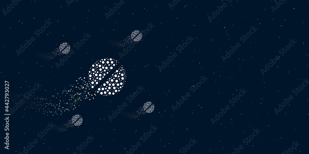 A pill symbol filled with dots flies through the stars leaving a trail behind. Four small symbols around. Empty space for text on the right. Vector illustration on dark blue background with stars