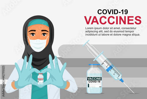 A muslim woman doctor in a mask and hijab shows her heart with her hands and holds a vaccine against coronavirus. Suitable banner, flyer. Vaccination of people.