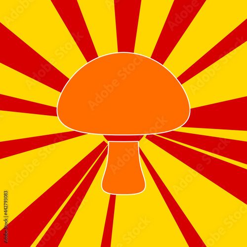 Mushroom symbol on a background of red flash explosion radial lines. The large orange symbol is located in the center of the sun, symbolizing the sunrise. Vector illustration on yellow background