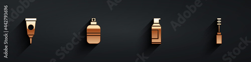 Set Cream or lotion cosmetic tube, Perfume, Spray can for hairspray and Mascara brush icon with long shadow. Vector