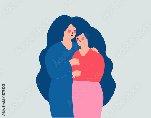 Mother supports her stressed and depressed daughter. Woman comforts and takes care of her best friend from problems and difficult times. True friendship, family support concept. Vector illustration