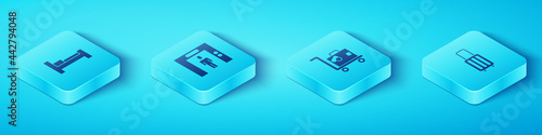 Set Isometric Hotel room bed, Lift, Suitcase and icon. Vector