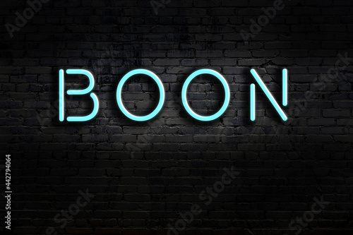 Neon sign. Word boon against brick wall. Night view