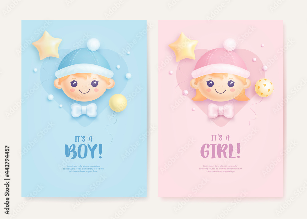 Set of baby shower invitation with cartoon baby girl, baby boy and helium  balloons on blue and pink background. It's a boy. It's a girl. Vector  illustration Stock Vector | Adobe Stock