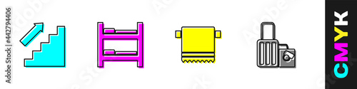 Set Stairs up, Hotel room bed, Towel on hanger and Suitcase icon. Vector