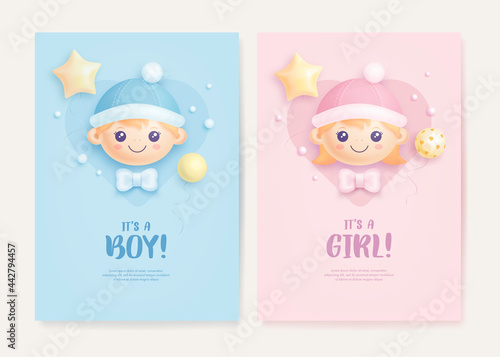 Set of baby shower invitation with cartoon baby girl, baby boy and helium balloons on blue and pink background. It's a boy. It's a girl. Vector illustration