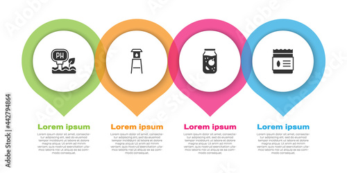 Set Soil ph testing, Water tower, Jam jar and Pack full of seeds of plant. Business infographic template. Vector