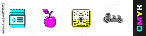 Set Pack full of seeds of plant, Apple, Automatic irrigation sprinklers and Pickup truck icon. Vector