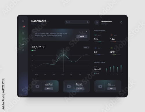 Dashboard design in dark colors. App interface with UI and UX elements. Use design for web application, desktop or mobile app.