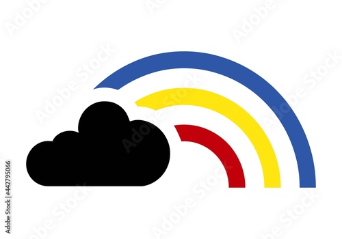 Arco iris en rojo, amarillo y azul que sale de un nubarrón negro. Esperanza