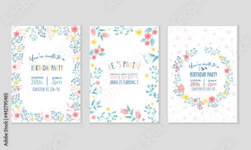Birthday Party Invitation Vertical Card with Floral Elements Vector Set